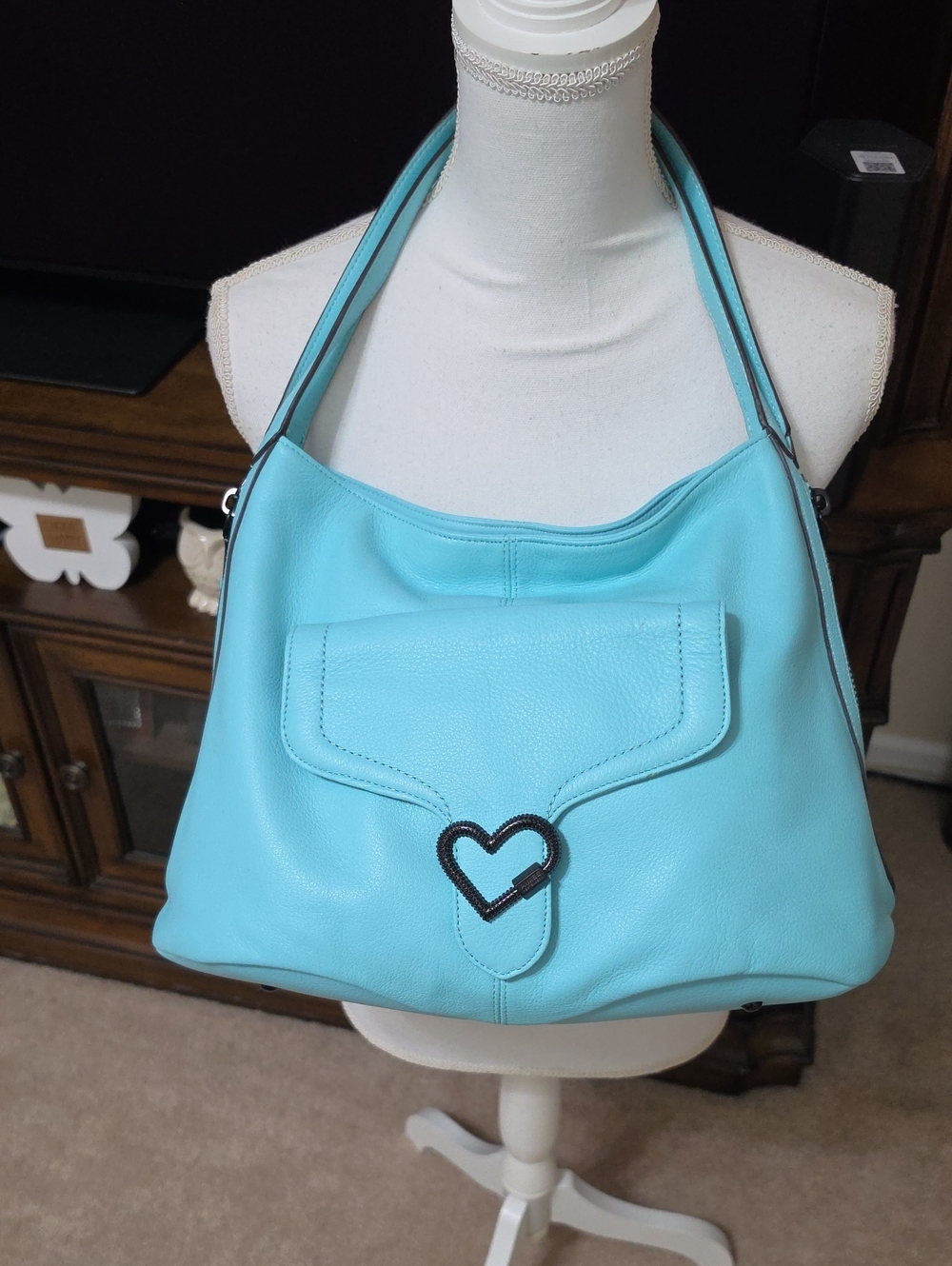 Aimee Kestenberg Teal Blue Heart-Accent Leather Shoulder Bag